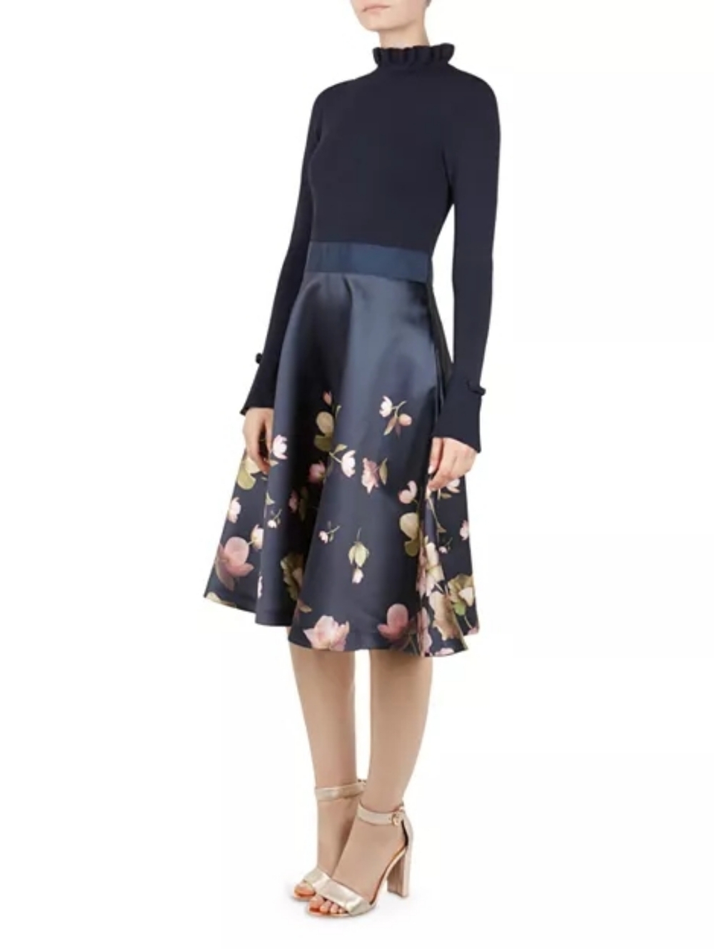 Navy Floral Fit-and-Flare Midi Dress Ted BAKER SIZE 4